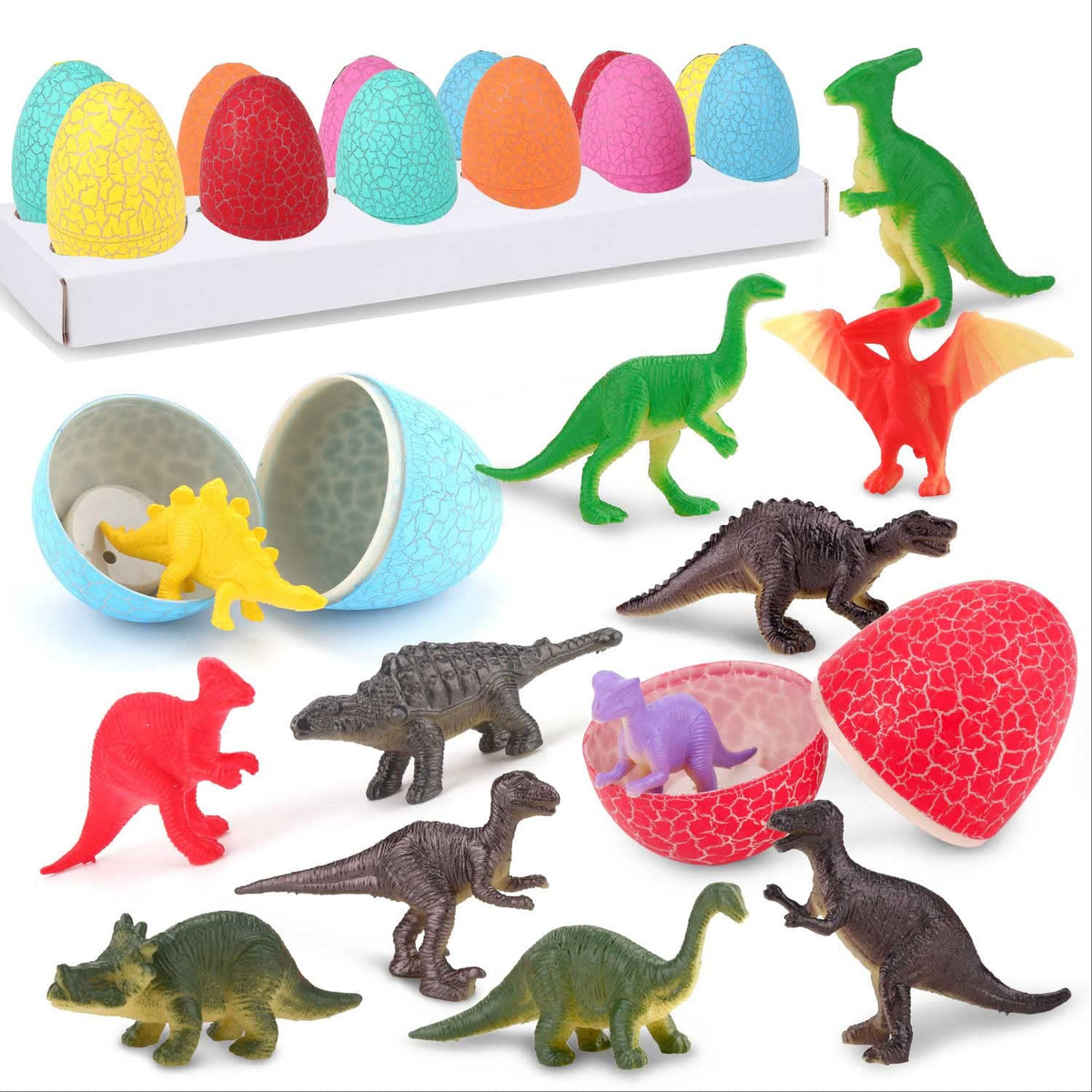 ZOHANINDL 12 dinosaur eggs pack cover with colorful shells inviting imaginative play.