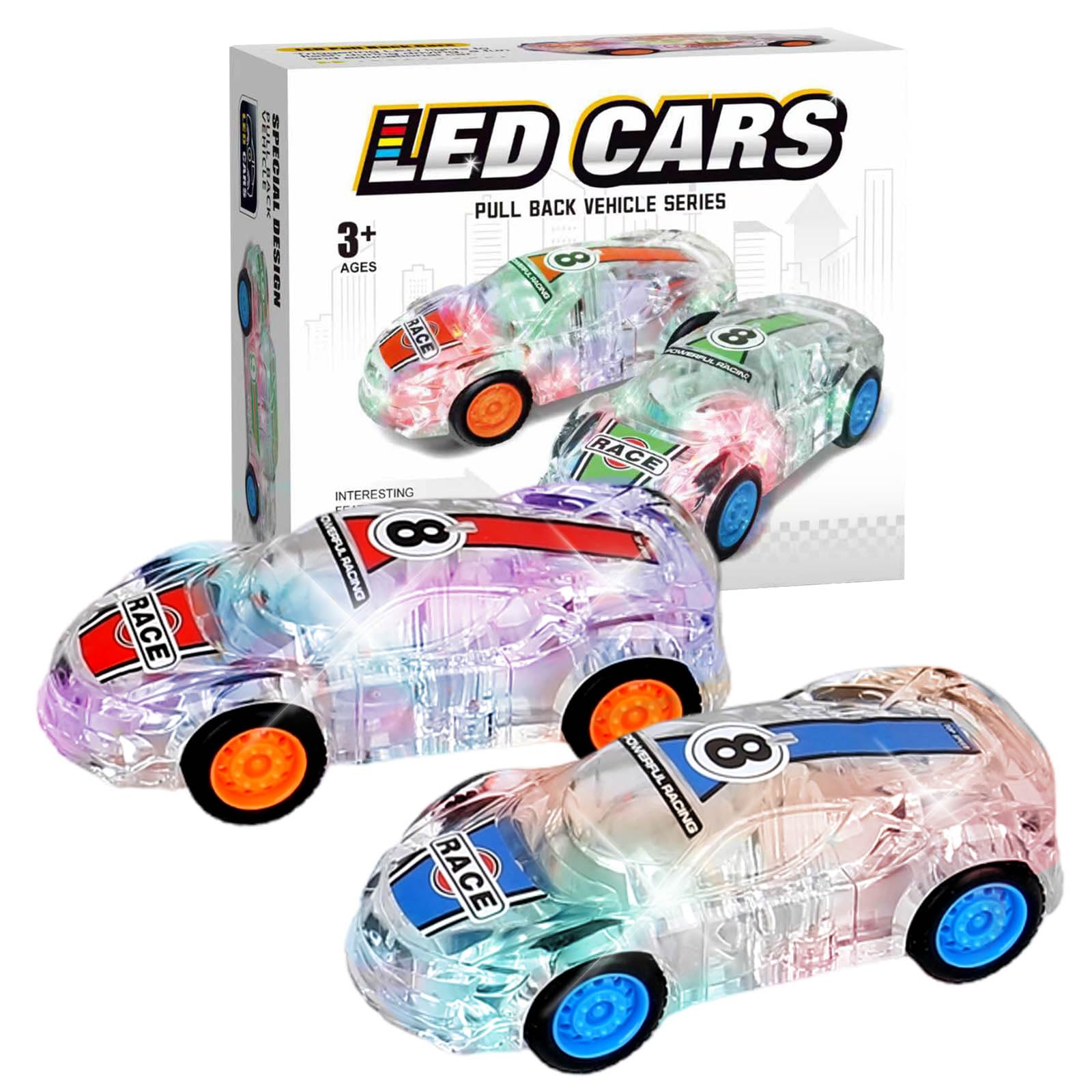 ZOHANINDL LED light up pull back cars, red and blue pack, ideal for active play sessions.