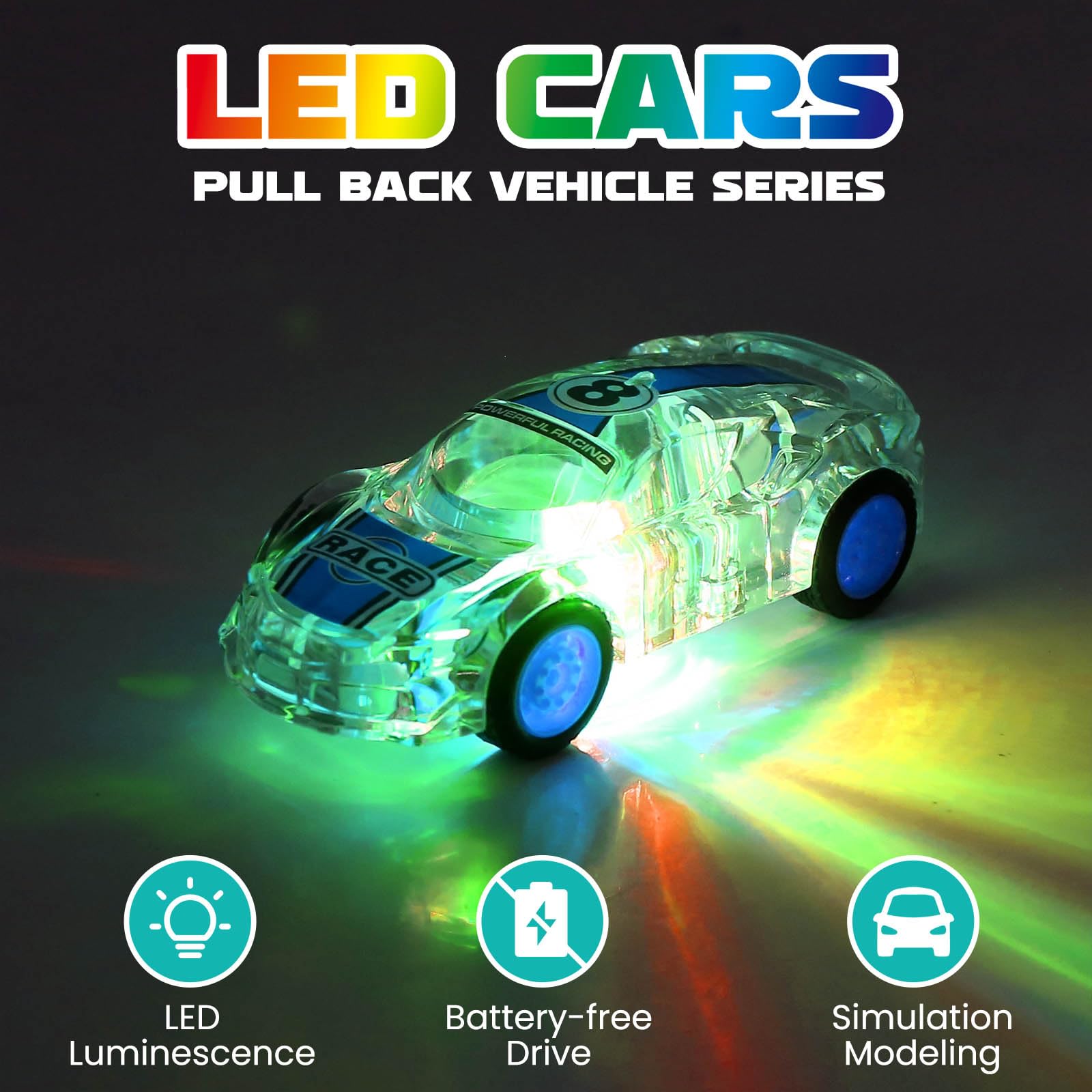 ZOHANINDL marble racer with motion-activated LEDs flashing red, blue, green, purple.