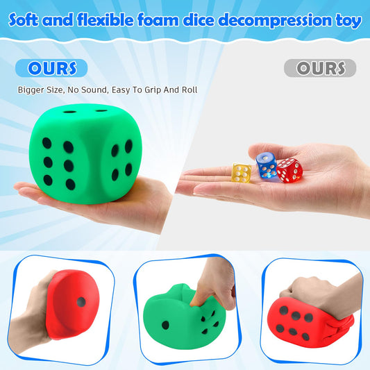 Zomiboo blue jumbo foam dice shown as party décor and group activity.