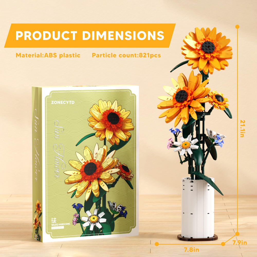ZONECYTD Sunflower Bouquet Bricks showcase a vase-style centerpiece built from 821 blocks