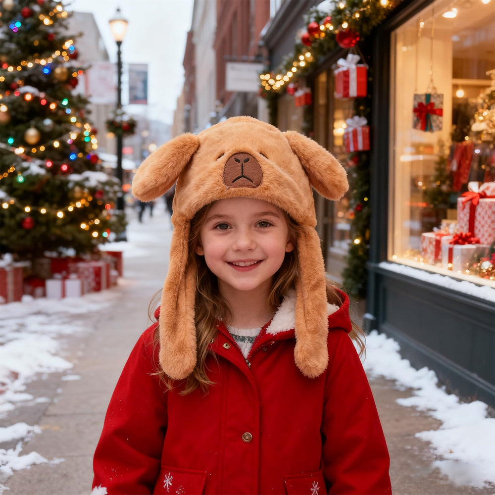 ZONESTA Capybara Hat front view with fluffy ears, cozy warmth for autumn and winter.