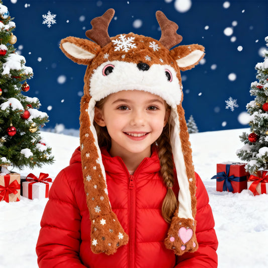 ZONESTA Plush Deer Jumping Ear Hat front view with cozy warmth for autumn and winter.