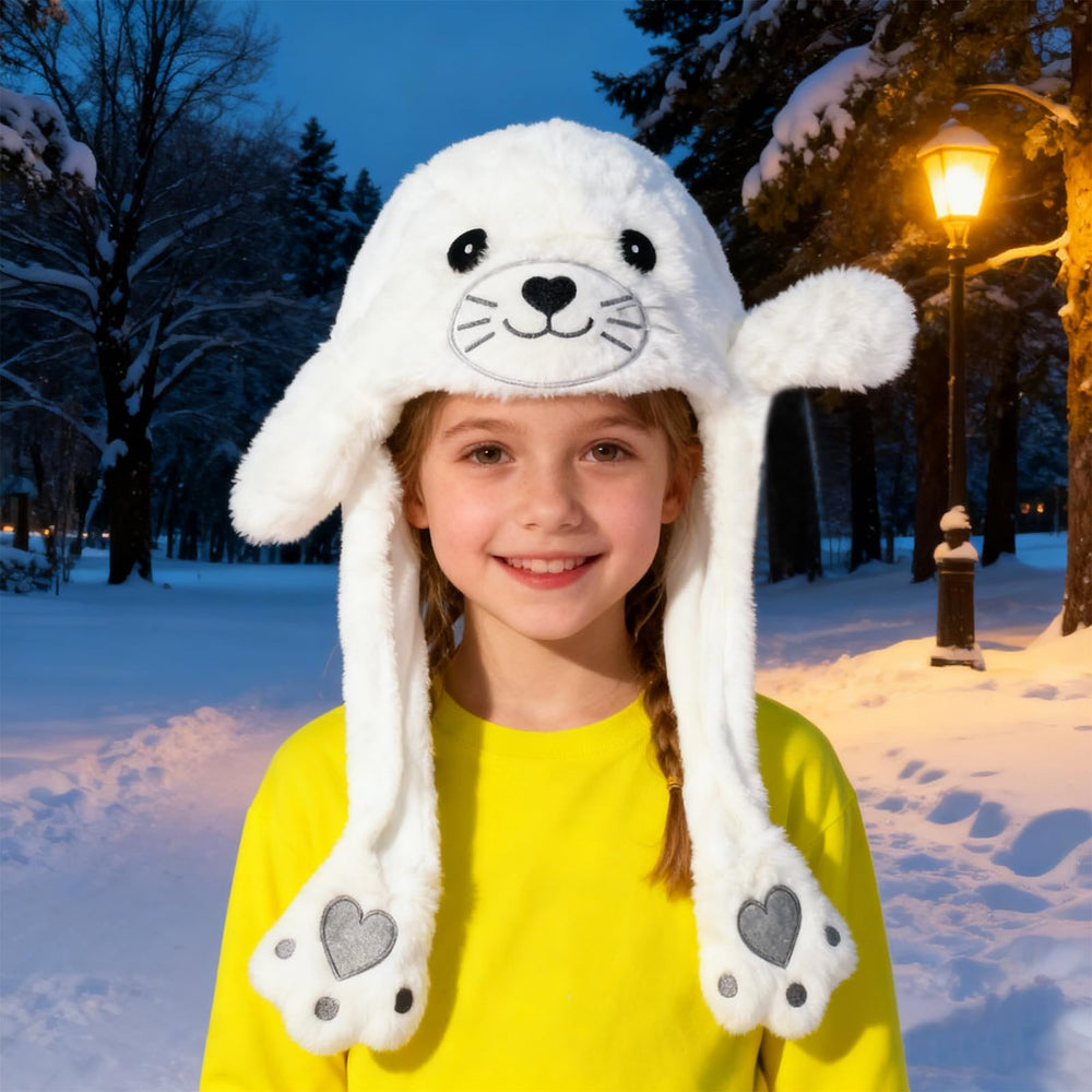 ZONESTA plush ear-moving hat front view shows playful design and cozy warmth.