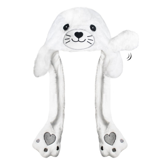 ZONESTA plush ear-moving hat paws action captures interactive, fun moment.