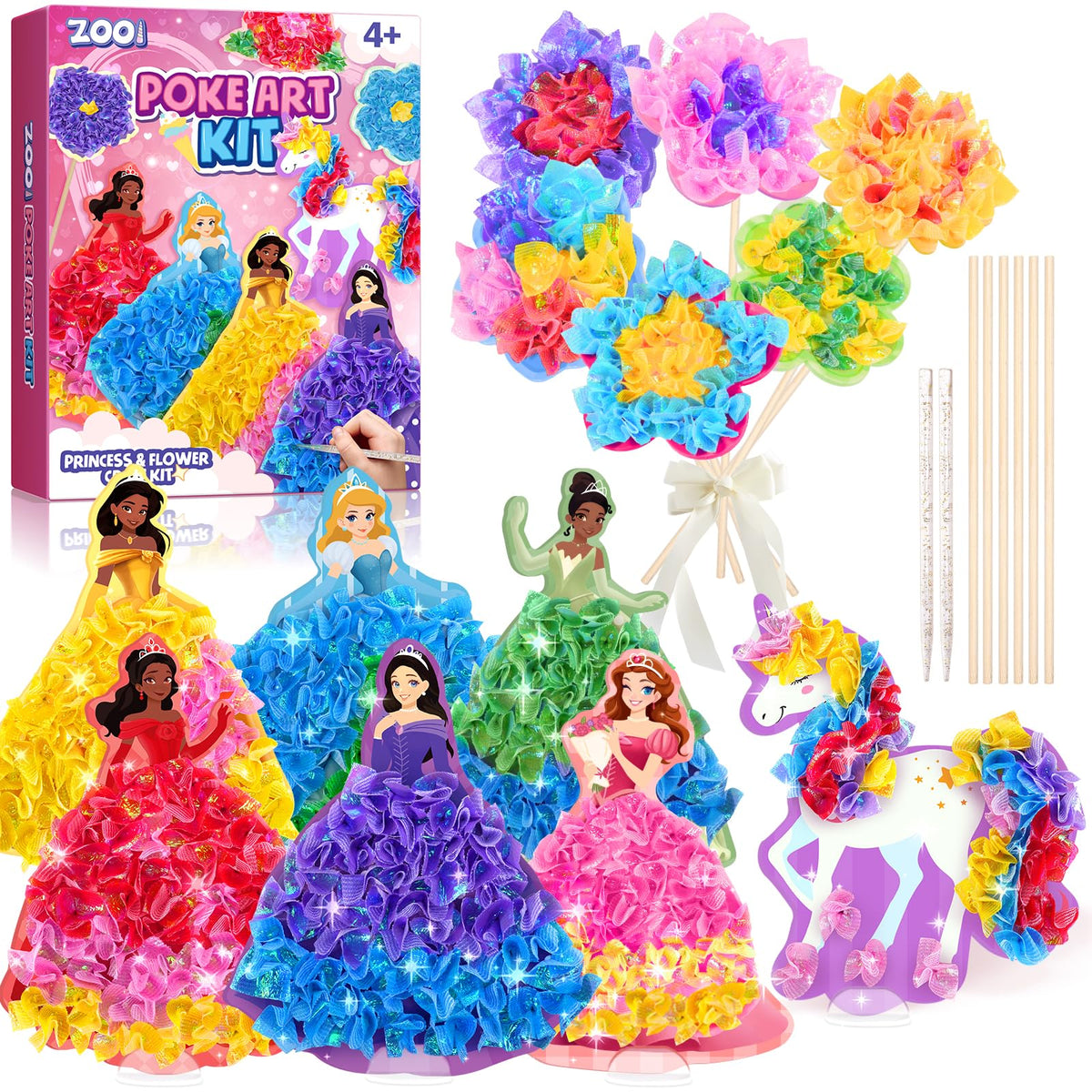 ZOOI Poke Art Kits overview with colorful fabrics for kids.