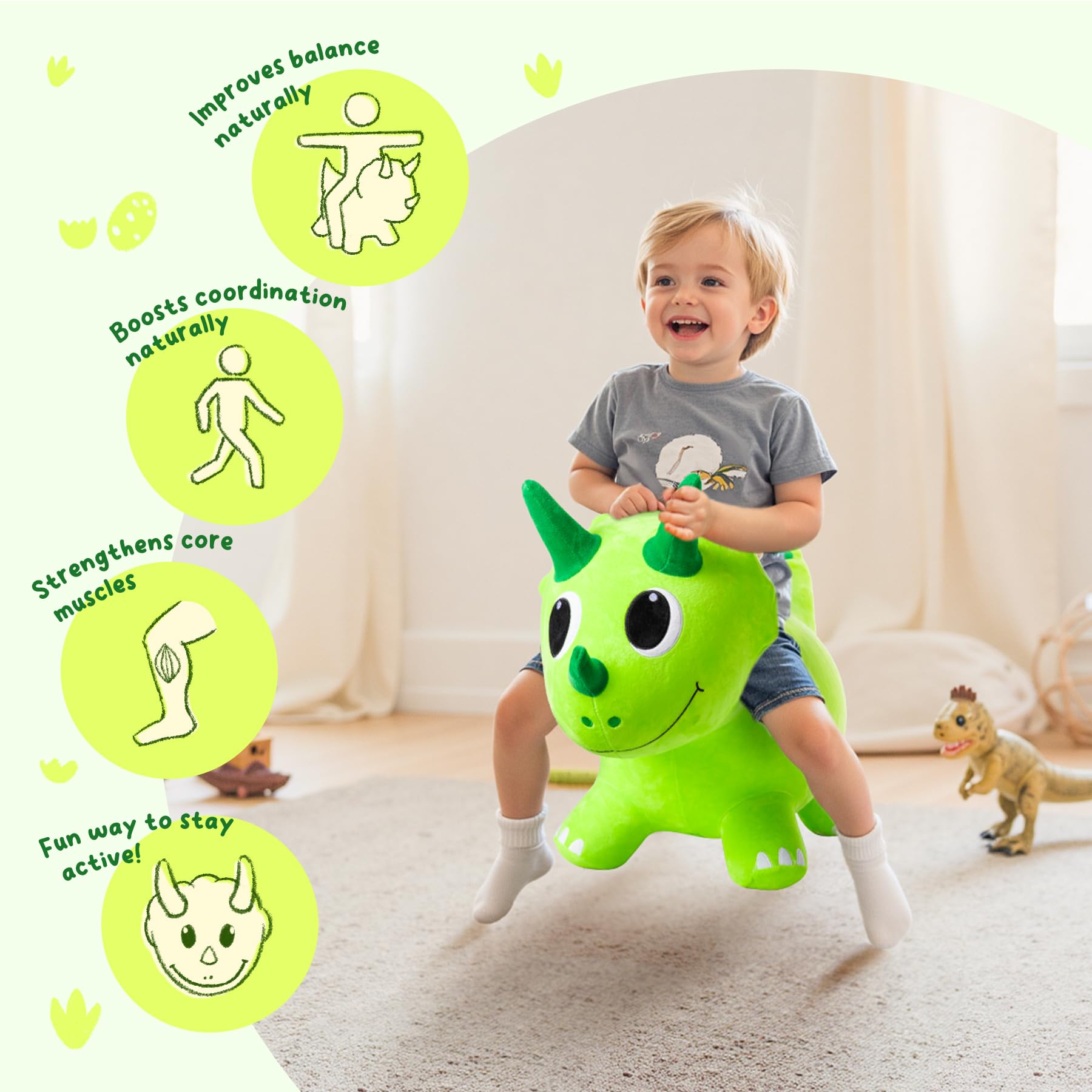 ZOOJOY plush dino hopper's four sturdy legs enhance balance during play