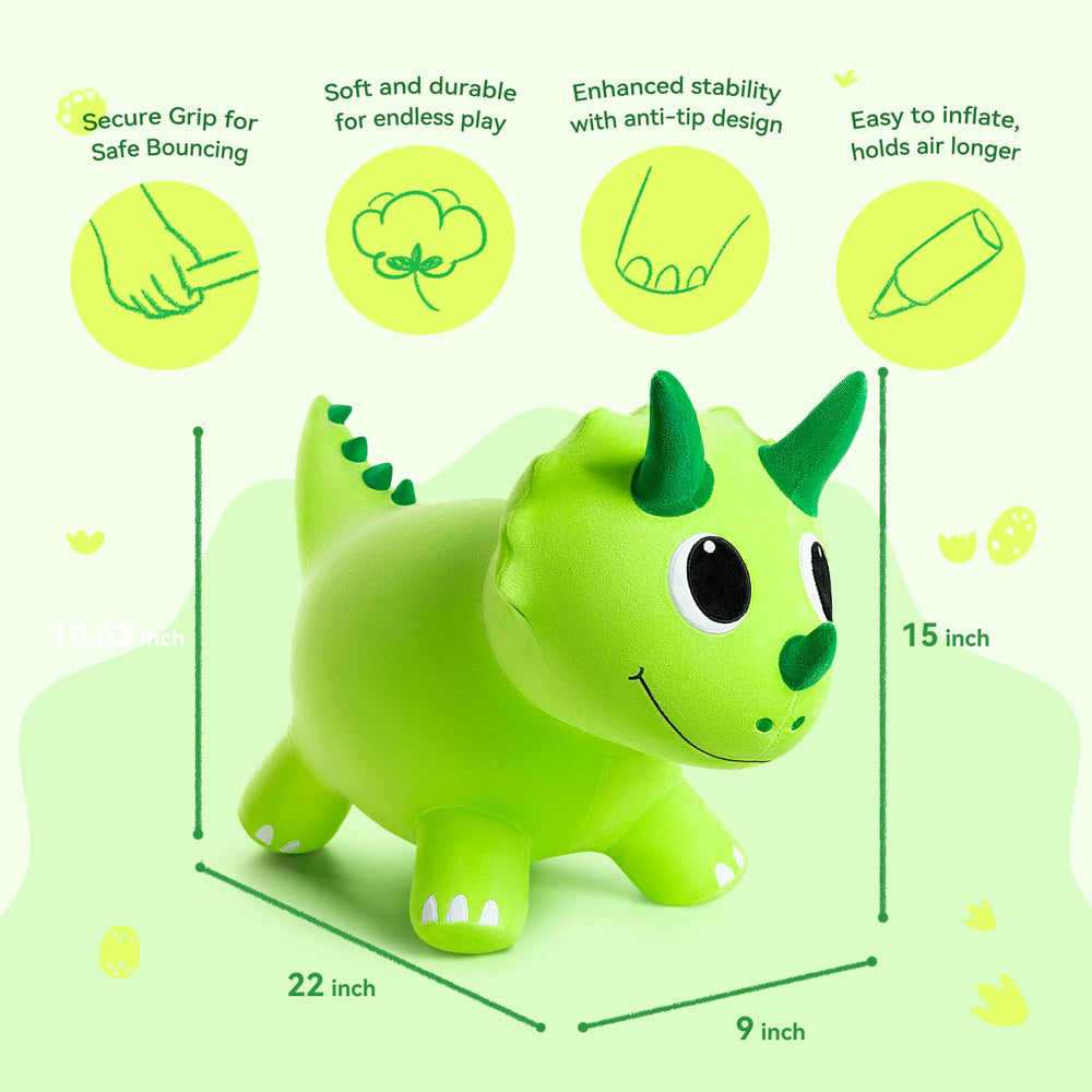 ZOOJOY dinosaur hopper image highlights inflation pump included for quick setup