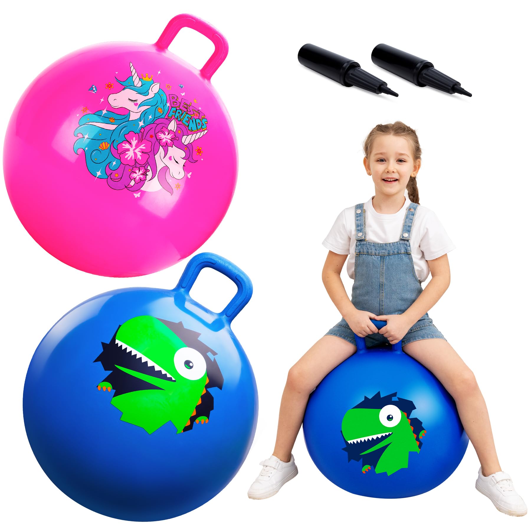 ZOOJOY Hopper Ball 2-pack unicorn and dinosaur in pink and blue for active play.