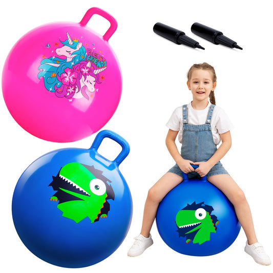 ZOOJOY Hopper Ball 2-pack unicorn and dinosaur in pink and blue for active play.