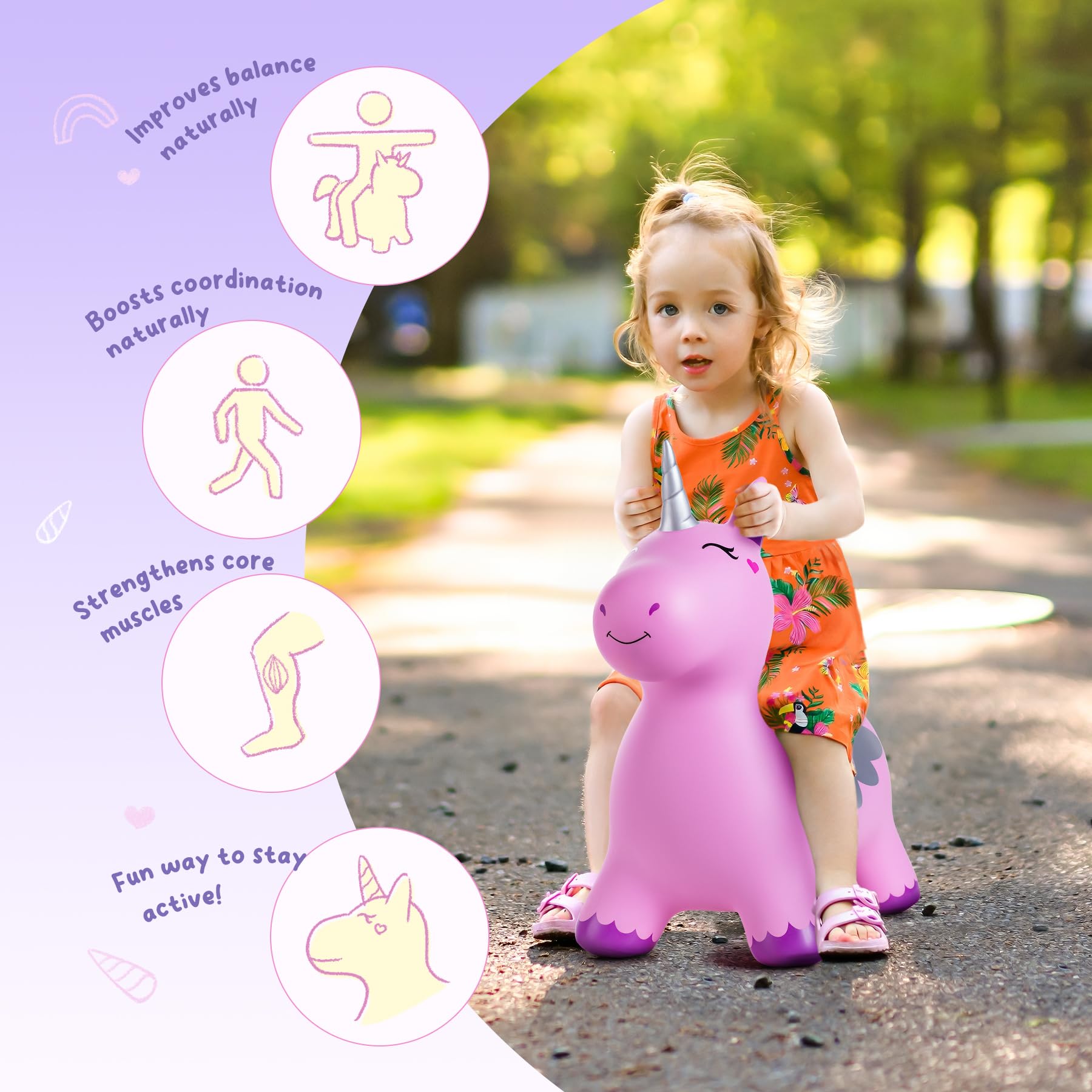 ZOOJOY Unicorn Bouncy Hopper handles close-up, easy grip for toddlers