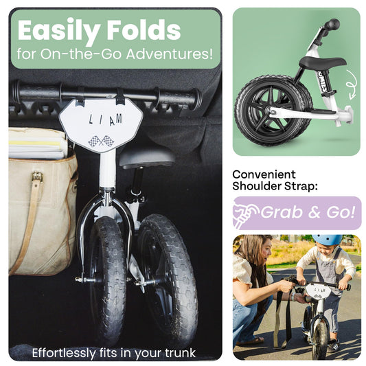 Zoomies balance bike with carrier strap enables easy transport on outings.