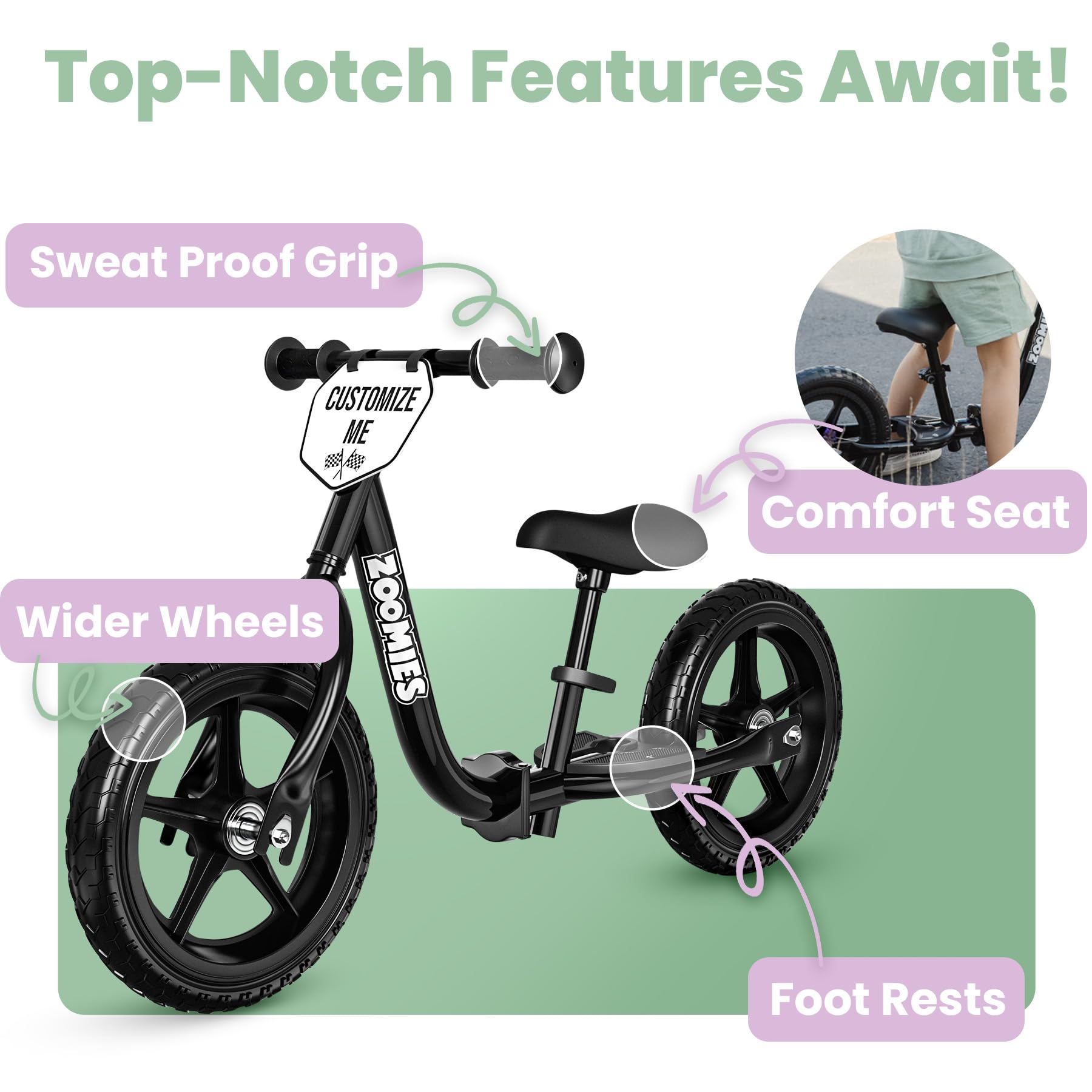 Zoomies balance bike footrests support relaxed riding on the rear.