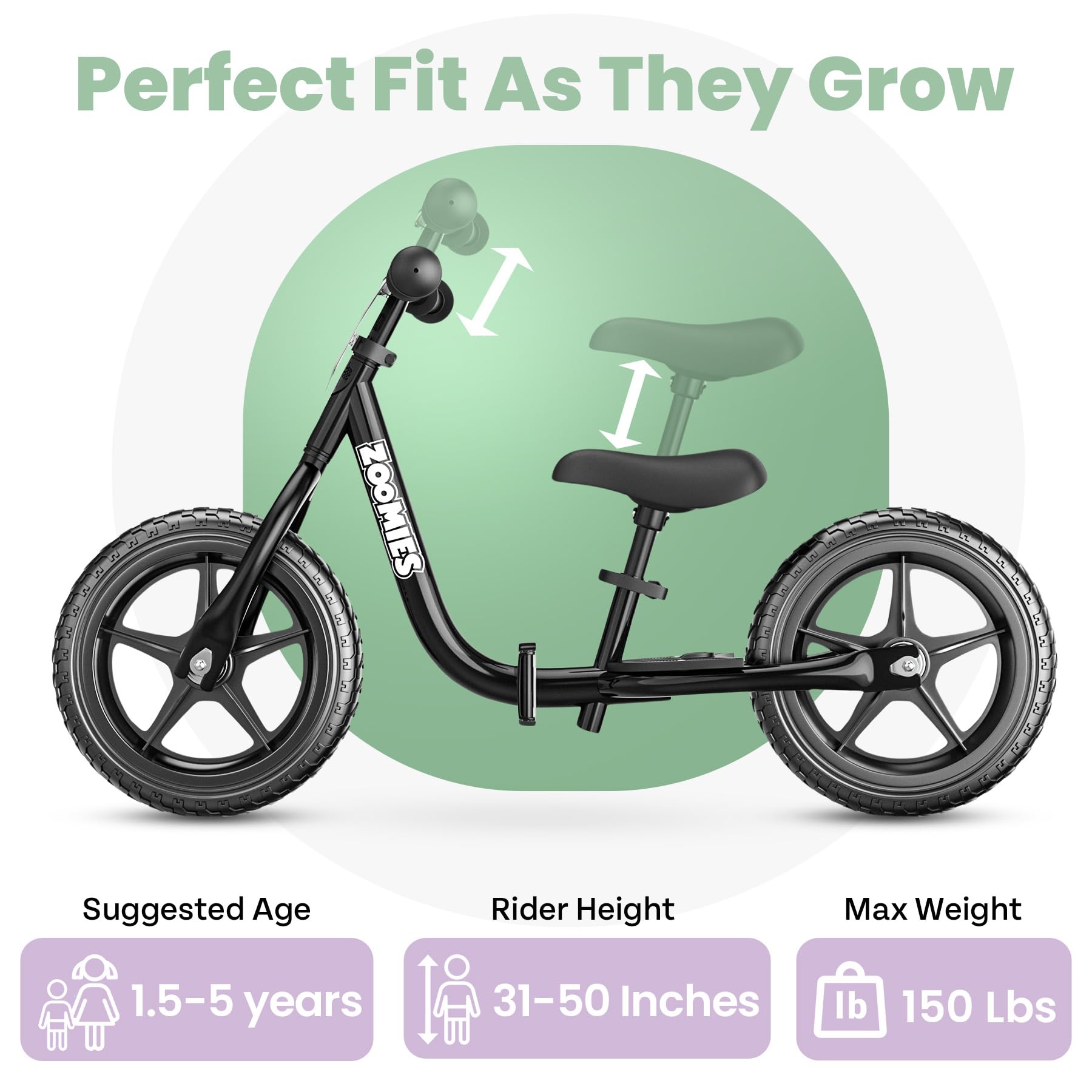 Zoomies toddler bike with adjustable handle and plush seat.