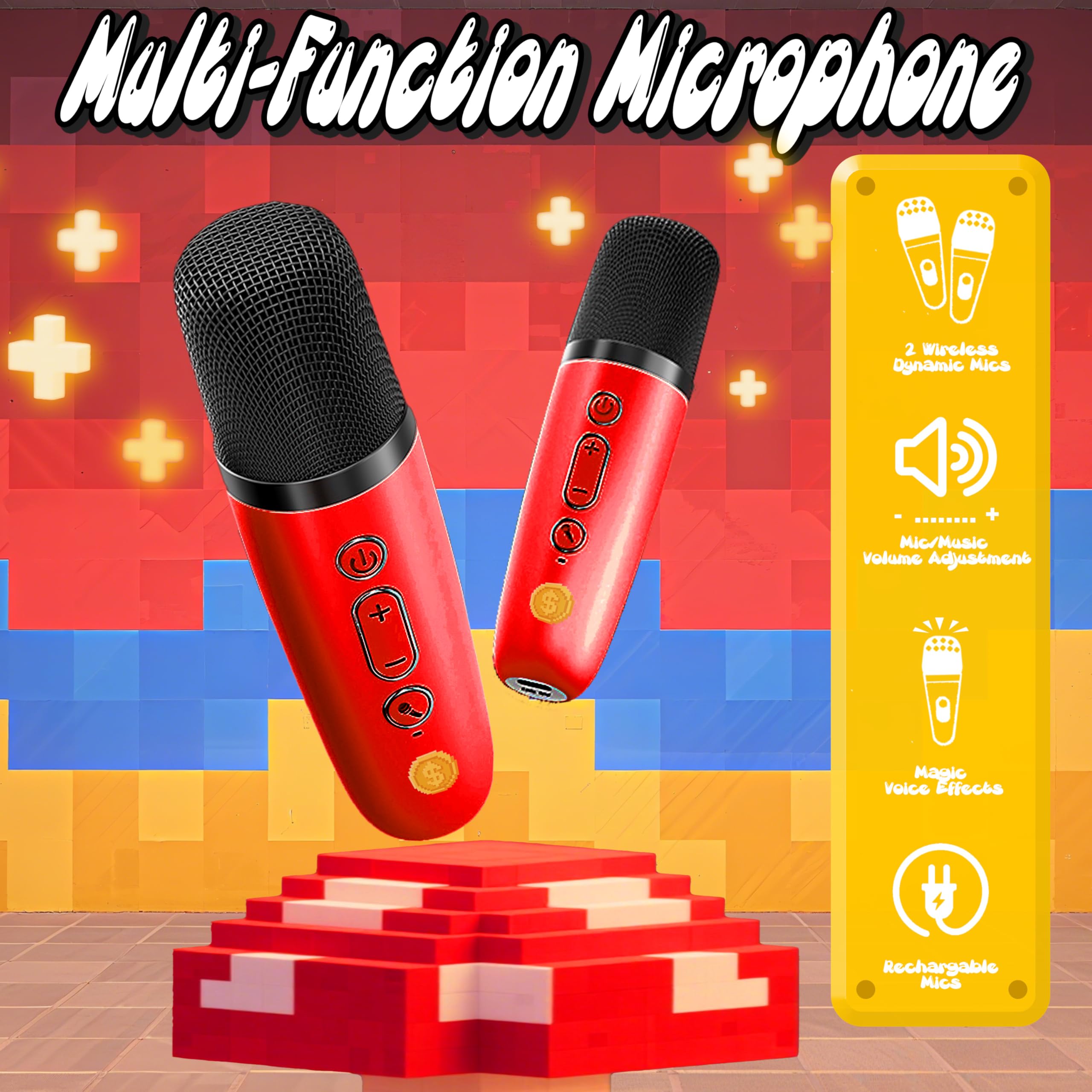 Zosxi Pixel Super Bro two-microphones setup enables shared karaoke fun.