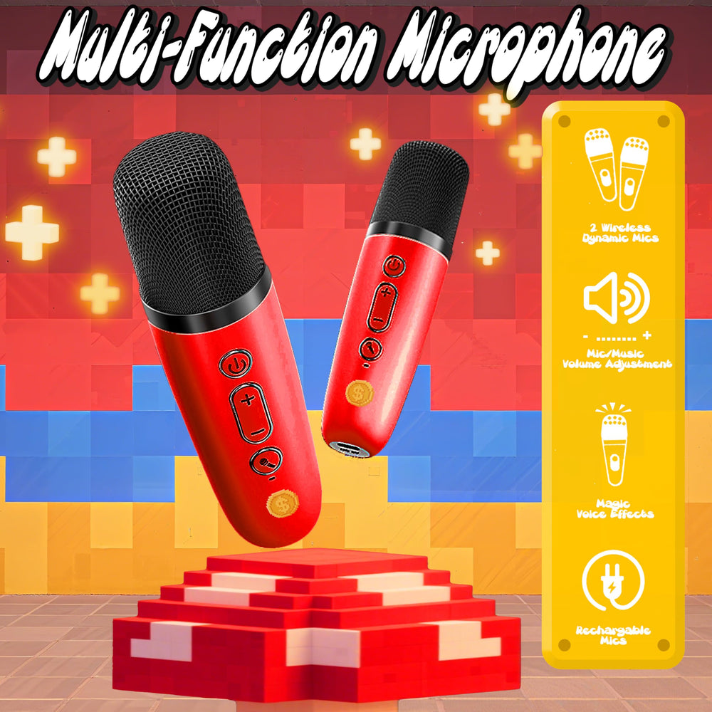 Zosxi Pixel Super Bro two-microphones setup enables shared karaoke fun.
