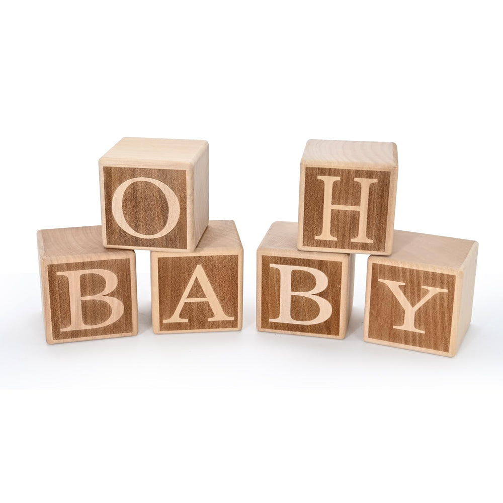 ZouYee Oh Baby wooden blocks with front letters on a table for photos.