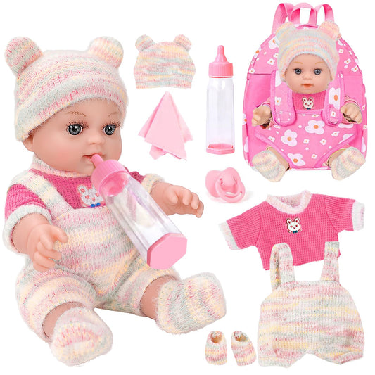 ZQDOLL 12-inch baby doll with backpack ready for imaginative play on the go.