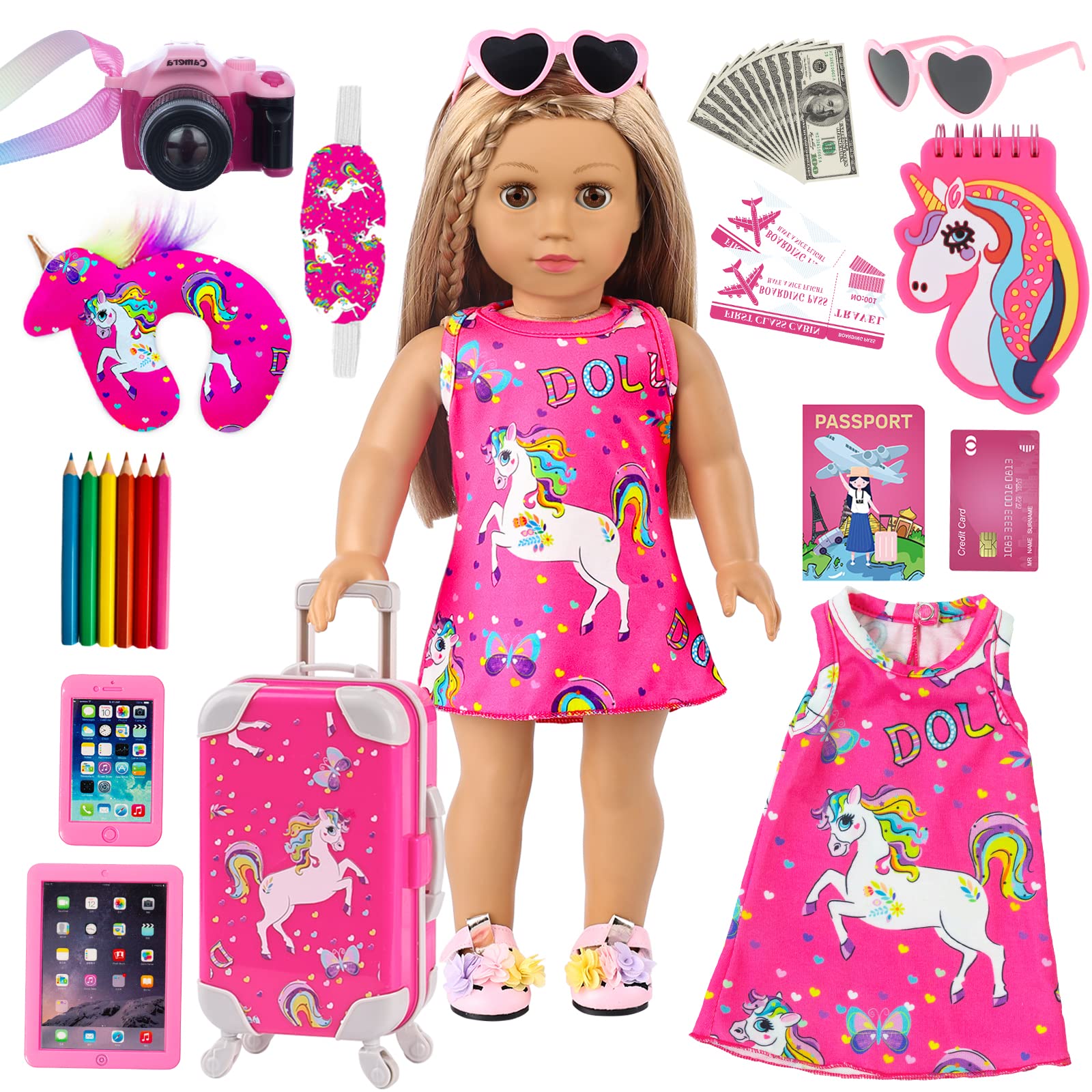 ZQDOLL American 18-inch doll travel suitcase open for easy organization of outfits.