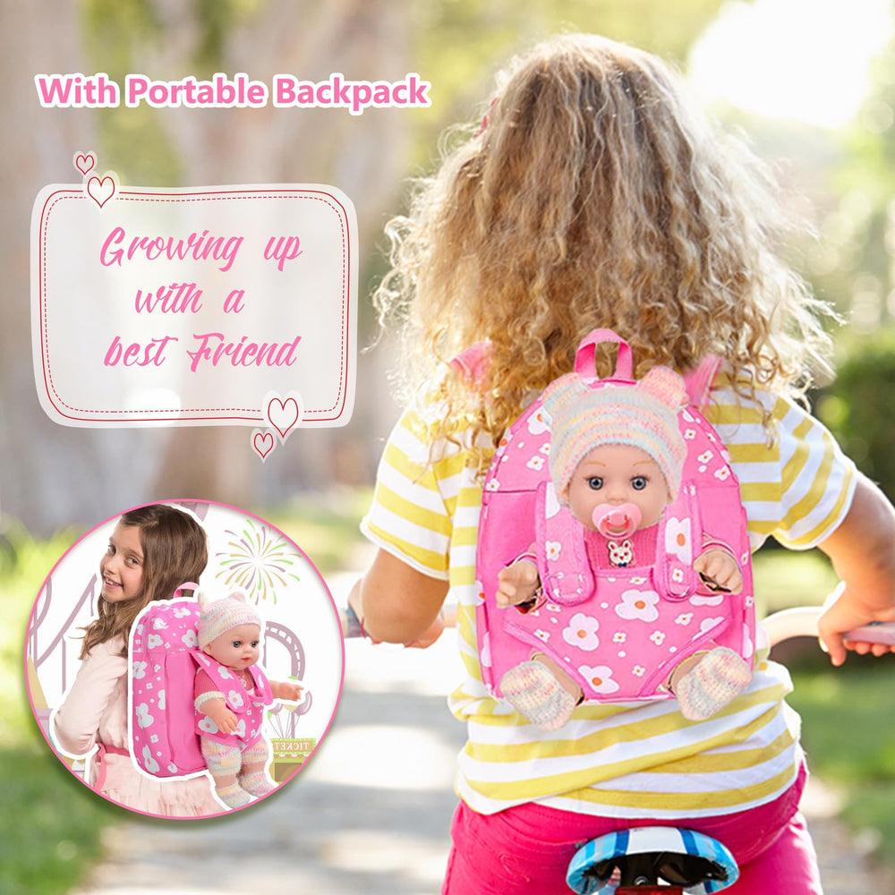 ZQDOLL pink flower backpack carries doll and accessories for outings.