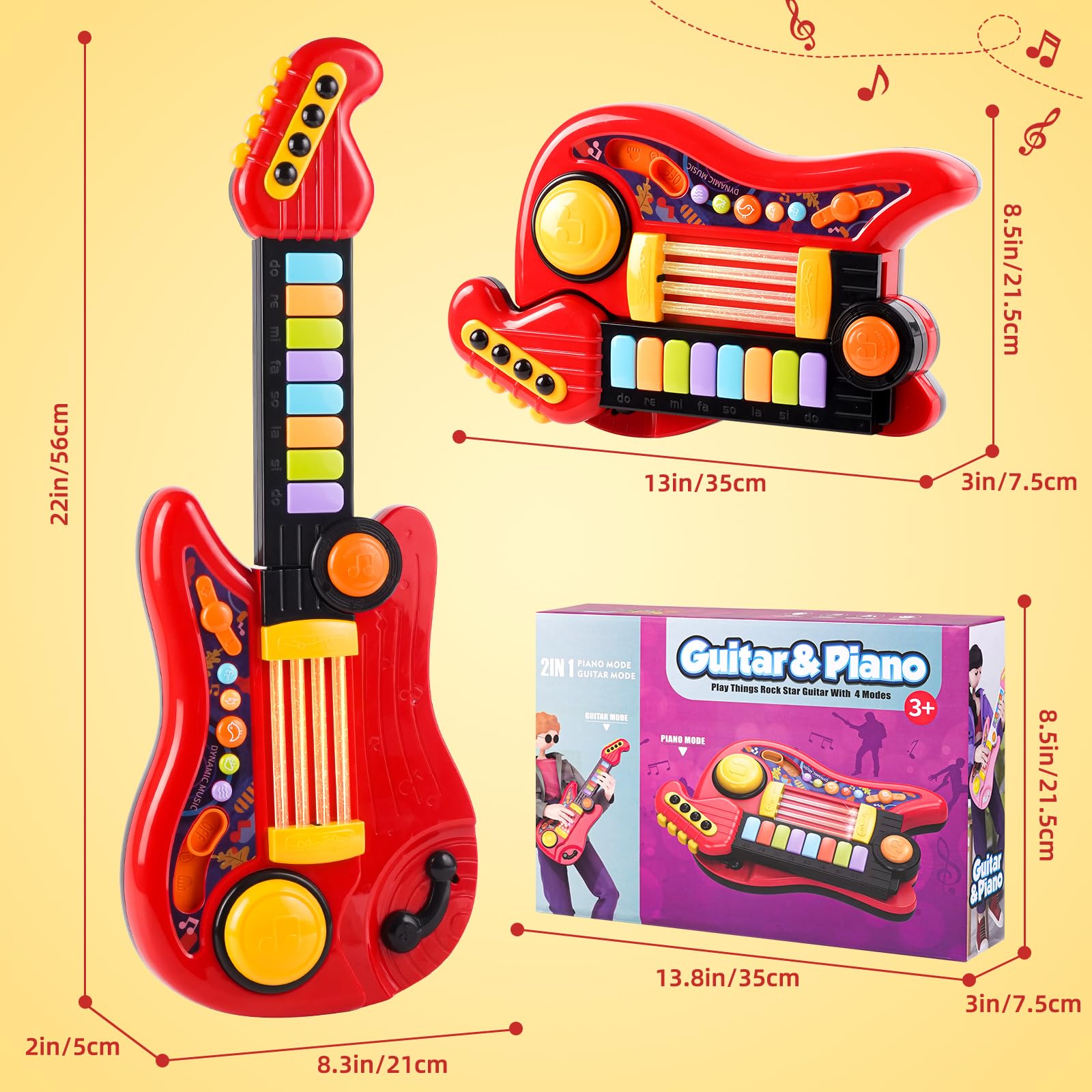Zsinb Kids Guitar-Piano 2-in-1 7-in-1 music options highlight diverse fun.