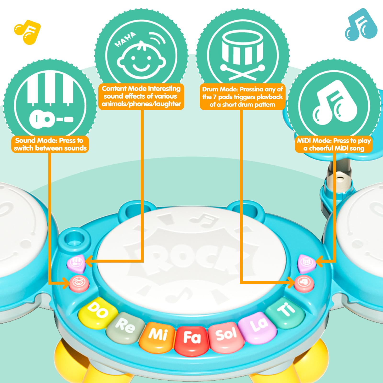 Grow-with-child legs let the set function as a floor toy or tabletop set.