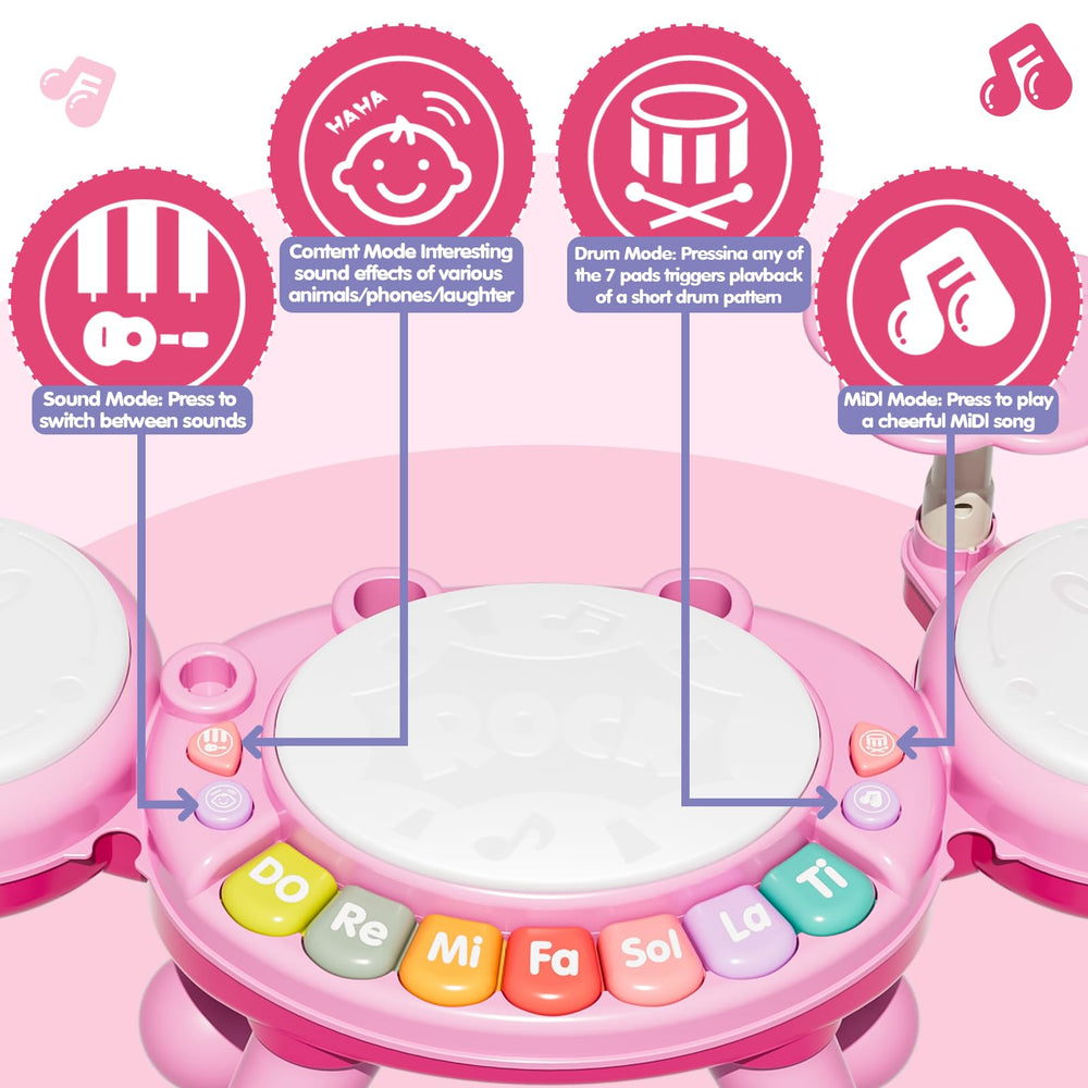 Zsinb pink drum set close-up shows BPA-free materials and rounded edges