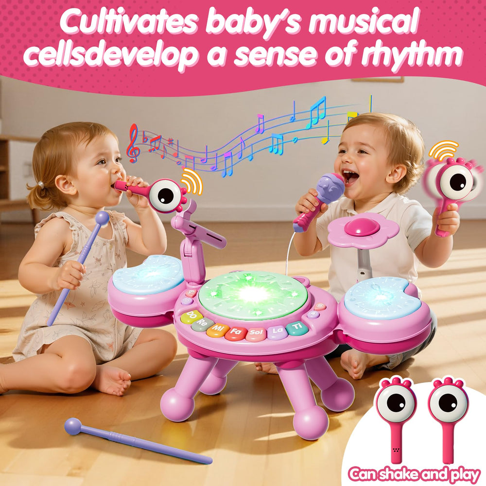 Zsinb pink drum set lights softly illuminate during tapping play