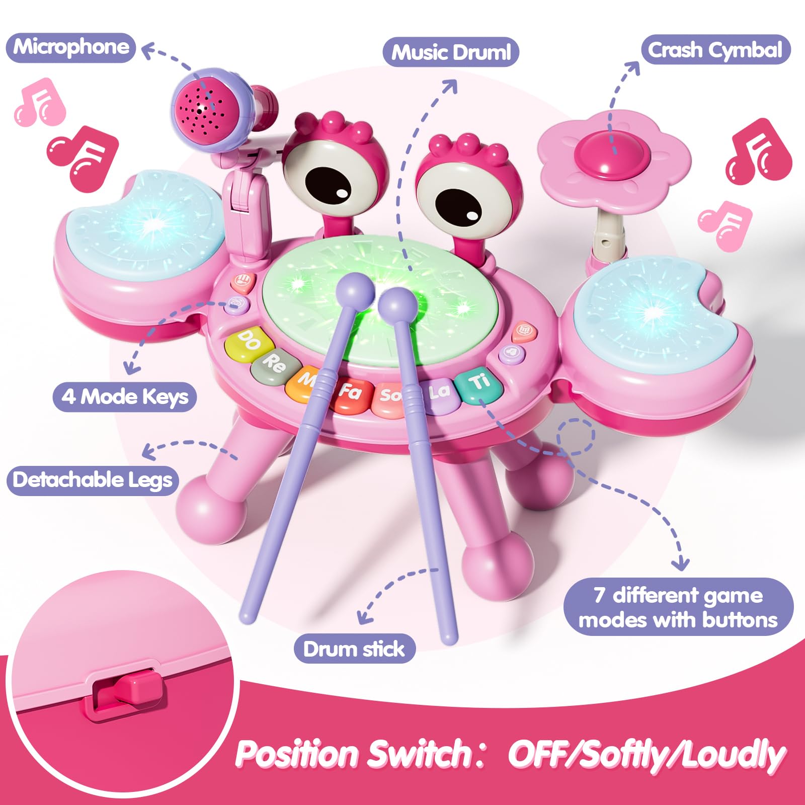 Zsinb pink drum set with foldable legs ready for floor or table play