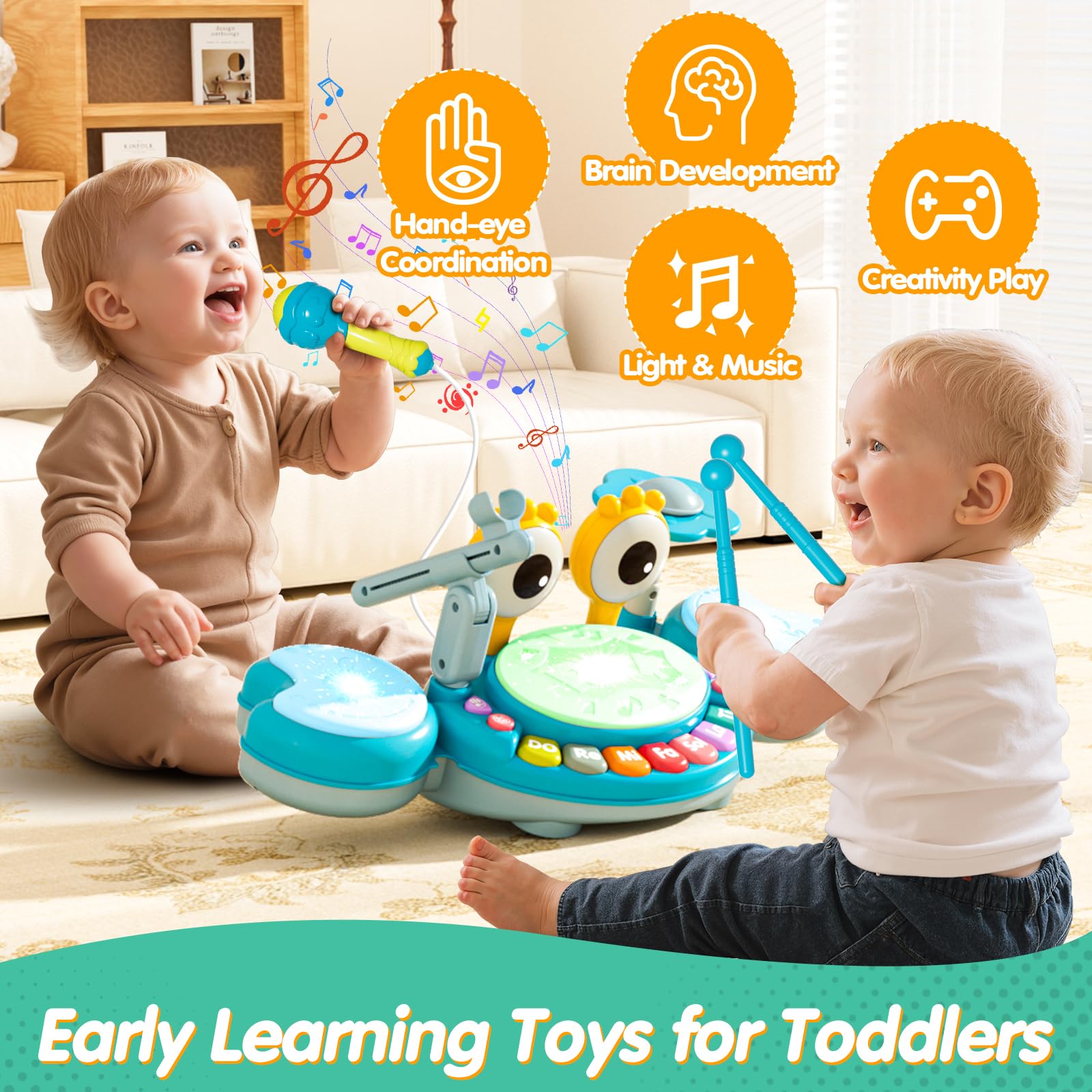 Soft LED lights and gentle volume control protect eyes and ears during play.