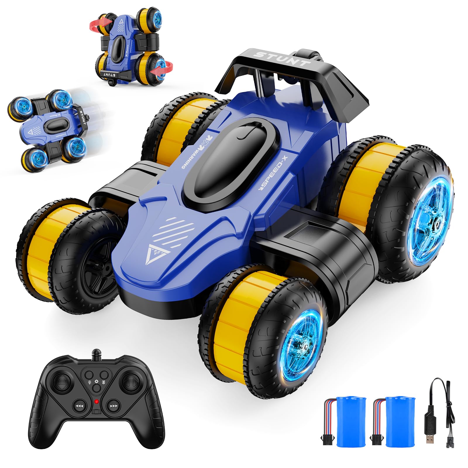 ZSYMIMRC high-speed drift car front view showing its blue body and dynamic lines for outdoor play.
