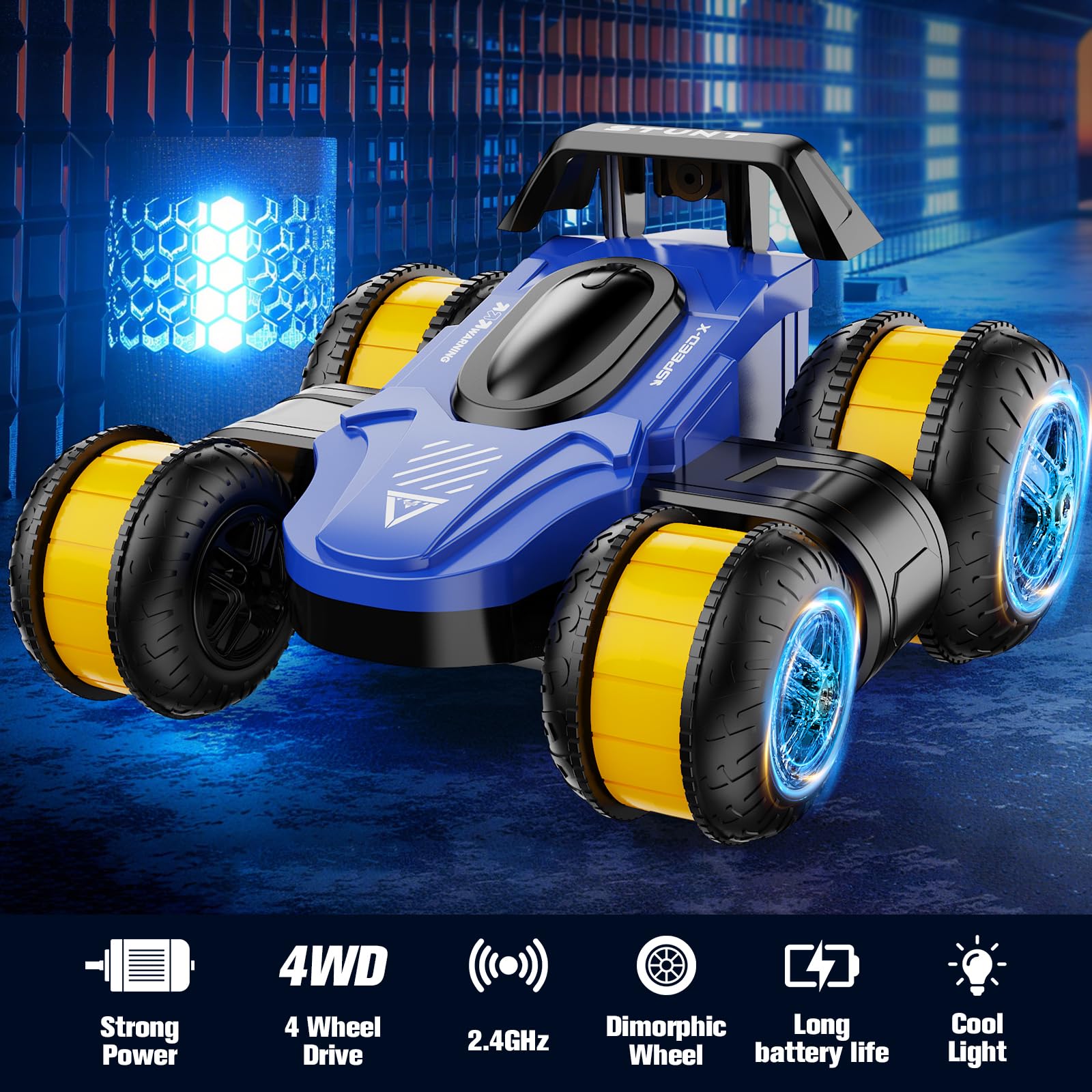 ZSYMIMRC RC car upright stunt image demonstrating vertical drift potential.