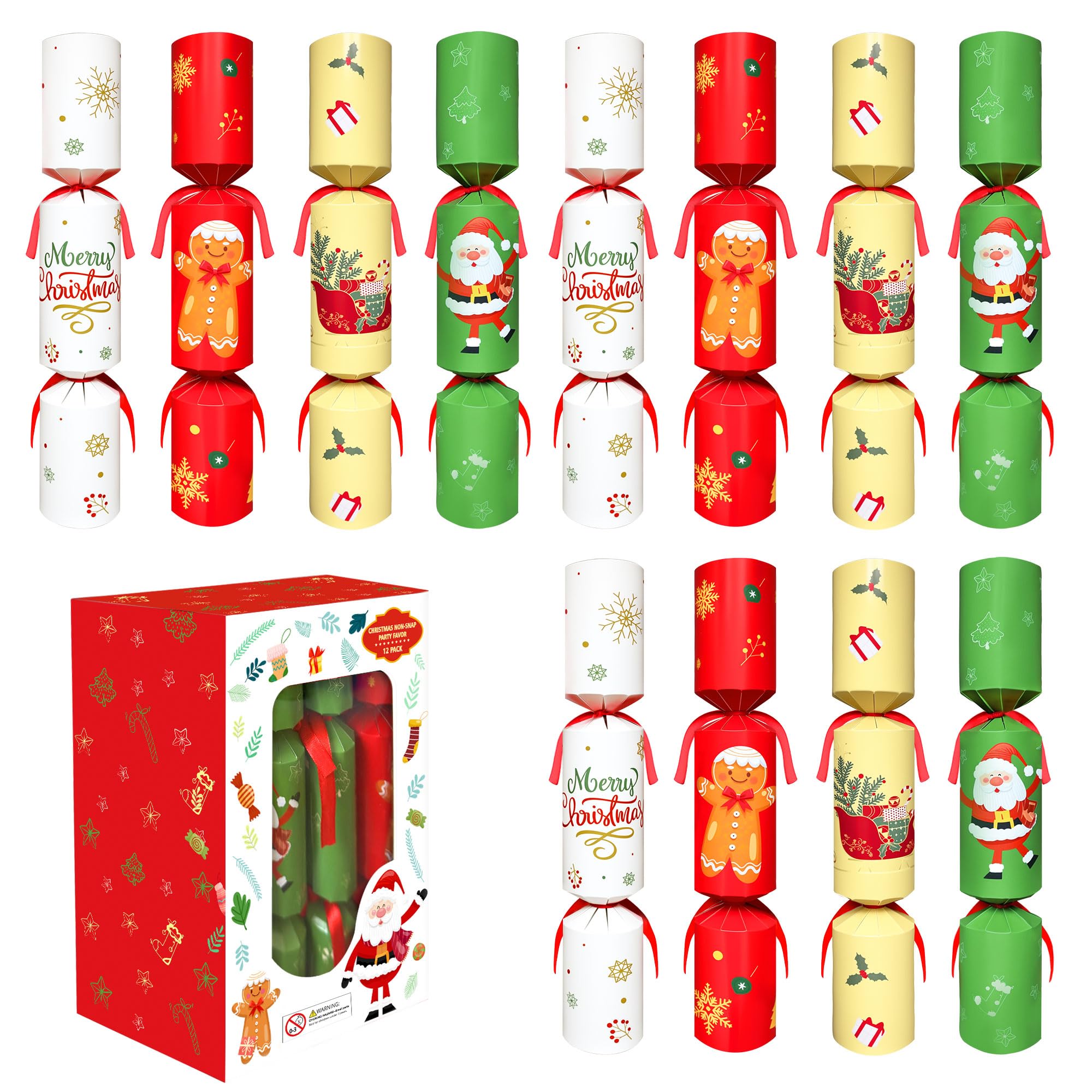 Zuffeloria no-snap Christmas crackers with four festive designs for quiet celebrations.