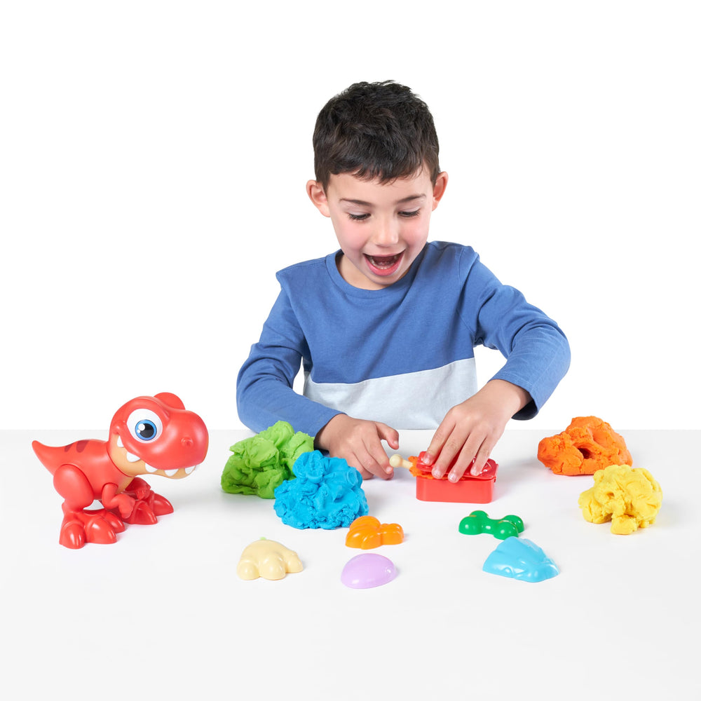 Articulated dinosaur arms and head enable playful stomping during playtime.