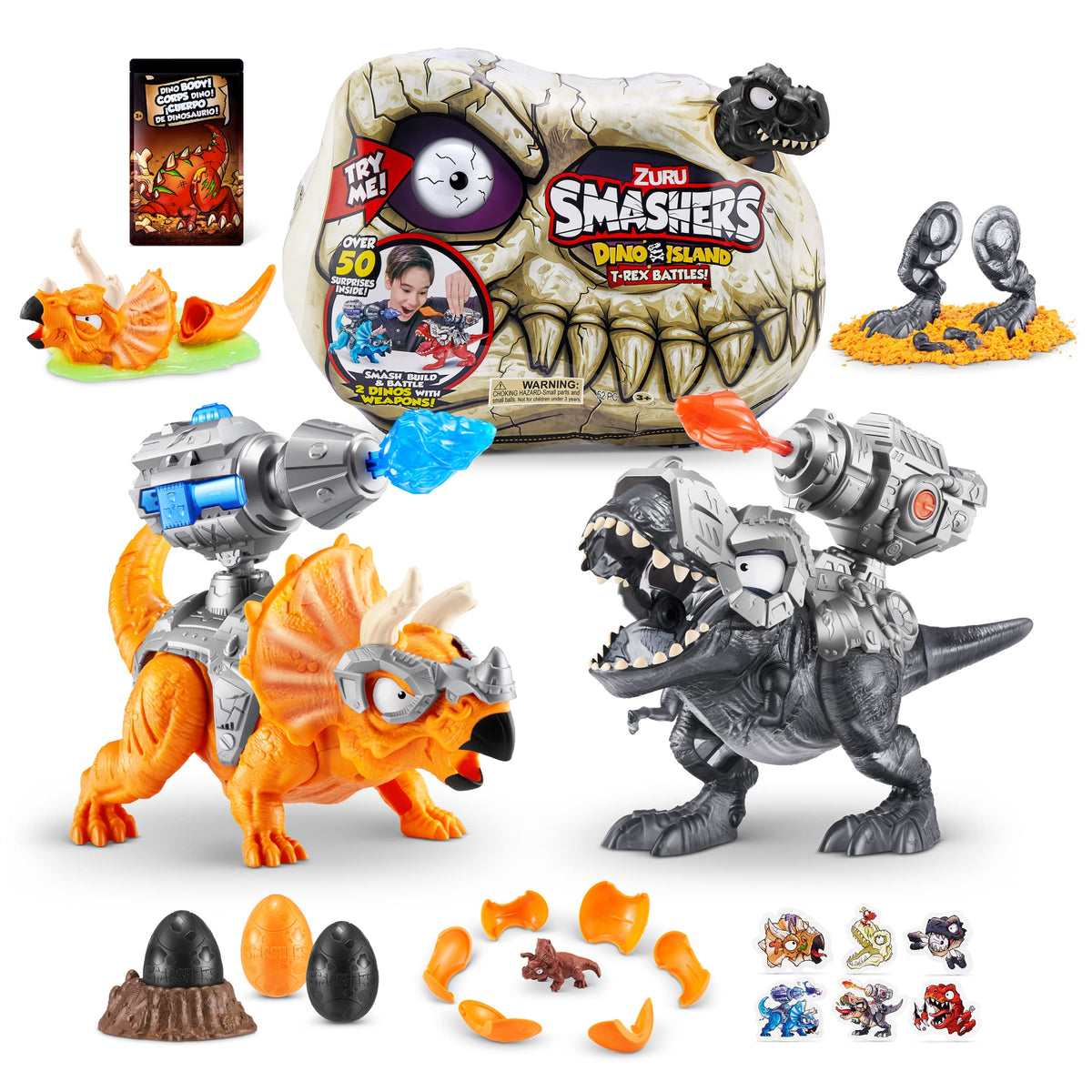 ZURU SMASHERS Dino Island T-Rex Battle with roaring figures for dynamic, imaginative play.