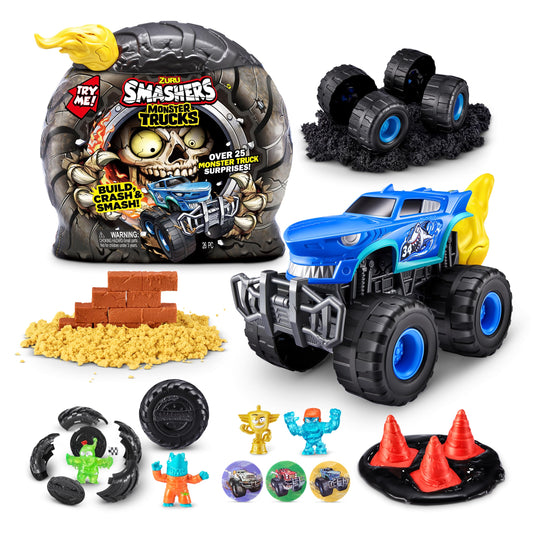 ZURU SMASHERS Monster Wheels Yellow Flame mystery pack cover showing bold monster trucks.