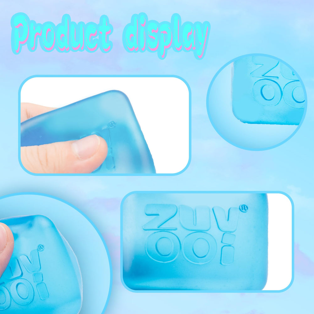 Zuvooi blue stress cube close-up shows slow-rise gummy texture