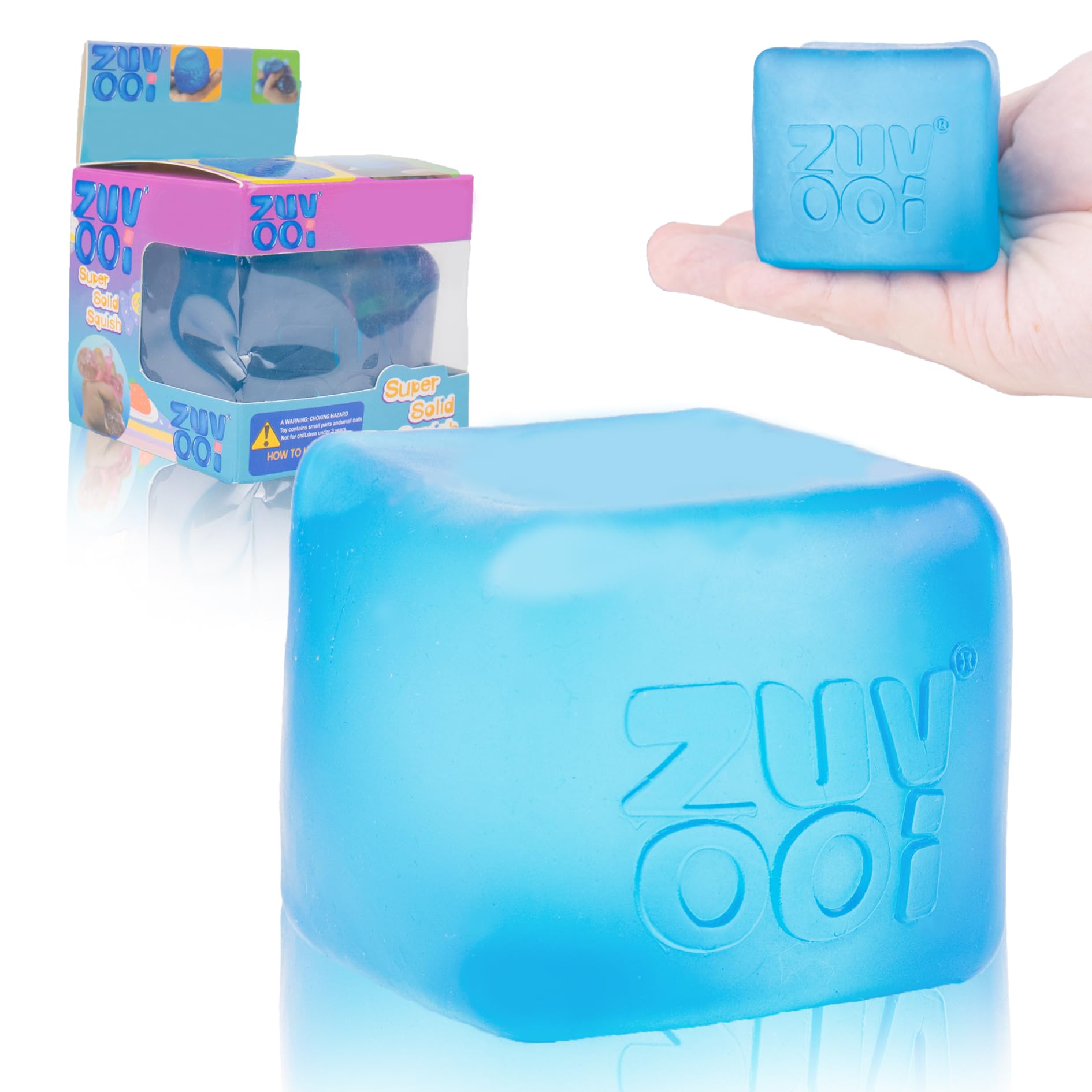 Zuvooi Stress Cube blue squishy in hand for calm focus