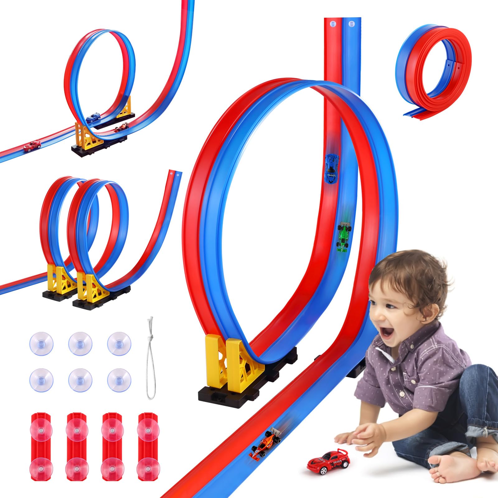 Zyllver flexible race track with suction cups on a window, showing bendable racing fun