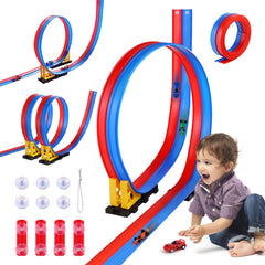 Zyllver flexible race track with suction cups on a window, showing bendable racing fun