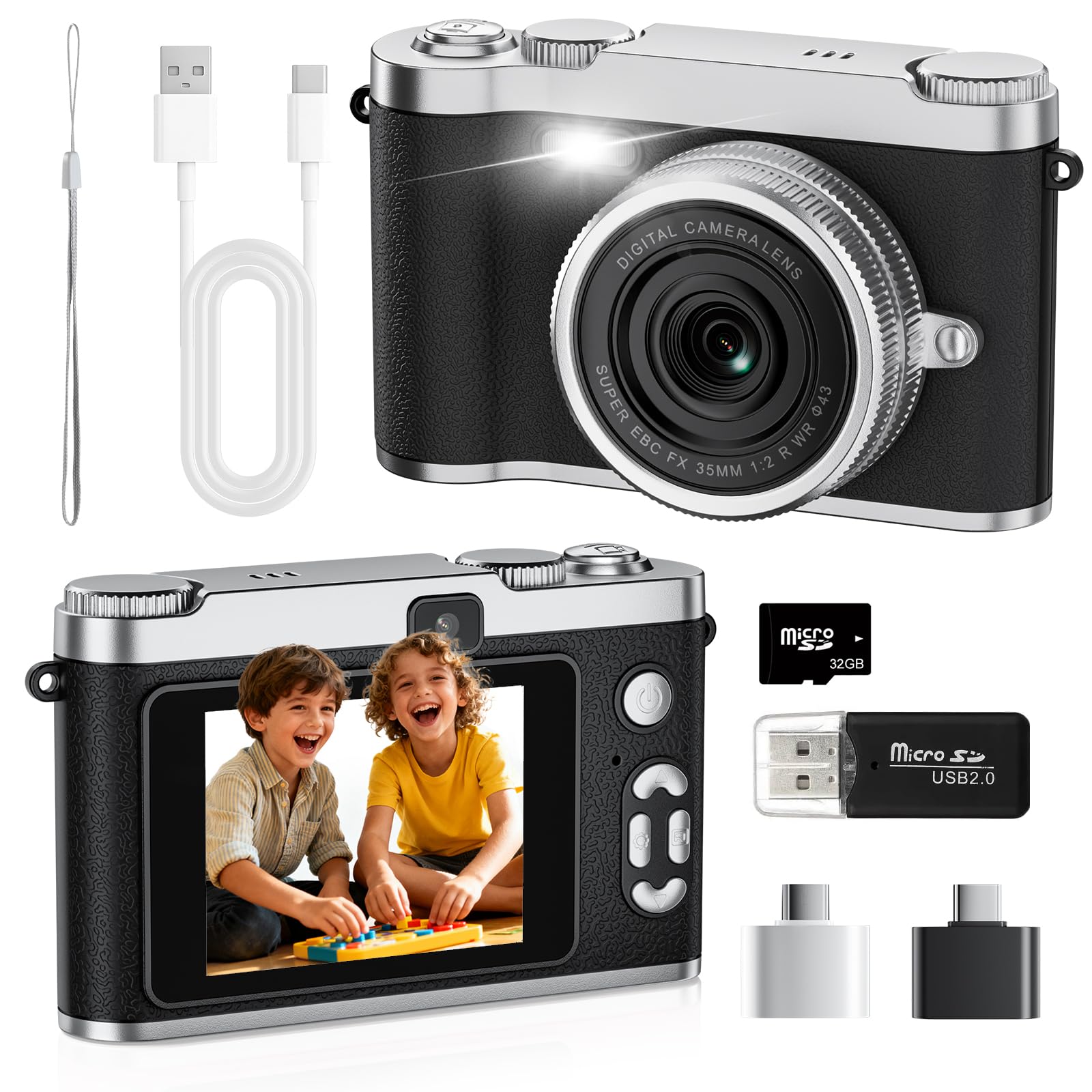 Zyxva Upgrade Kids Selfie Camera front view for easy handling and portable fun.