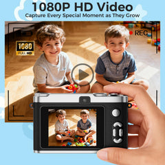 Zyxva Upgrade Kids Selfie Camera lens close-up highlights 48MP photo potential.