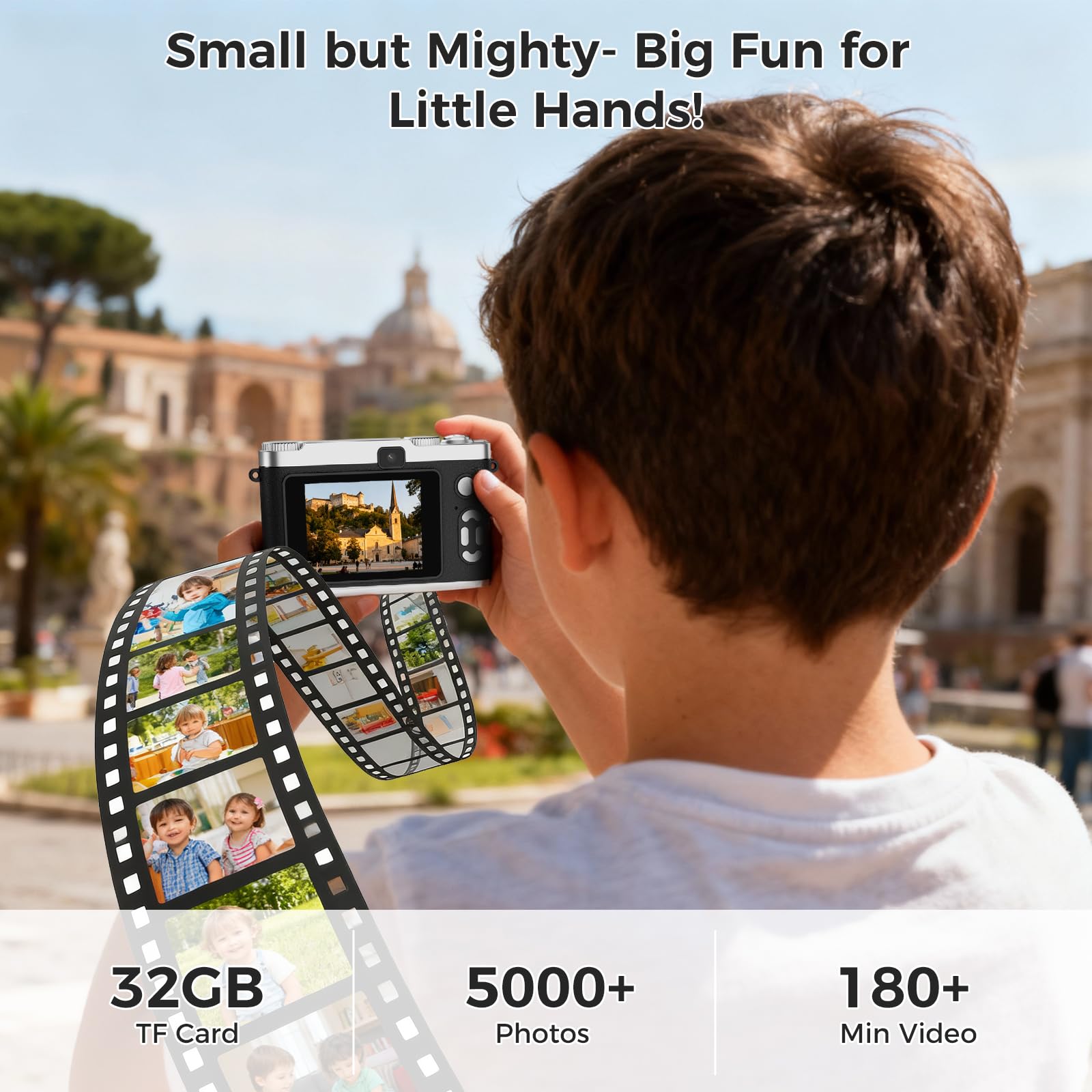 Zyxva Upgrade Kids Selfie Camera packaging box shows included 32GB SD card and accessories.