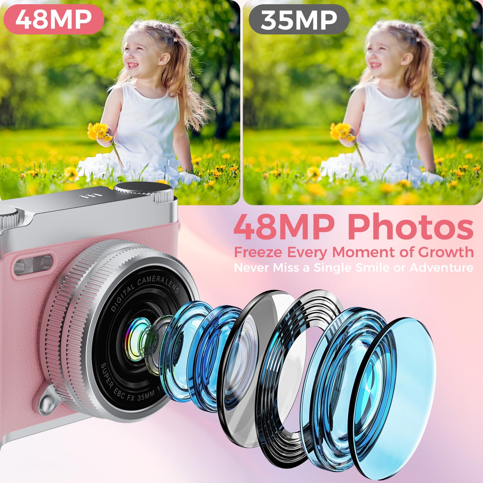 Zyxva Upgrade Kids Selfie Camera back view showing compact pink design.