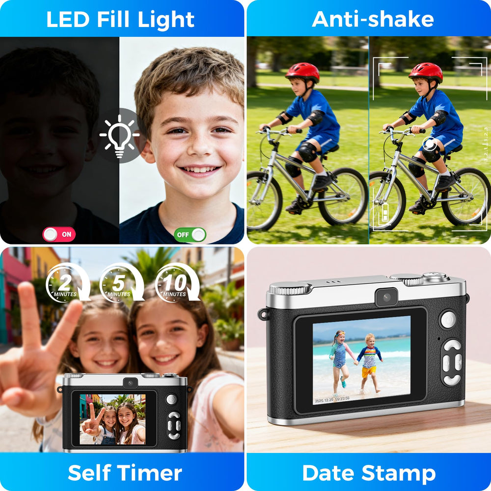 Zyxva Upgrade Kids Selfie Camera display screen demonstrates simple menu for young users.