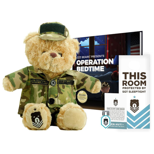 ZZZ Bears SGT Sleeptight Army Teddy Bear comforts kids at bedtime with a brave uniform